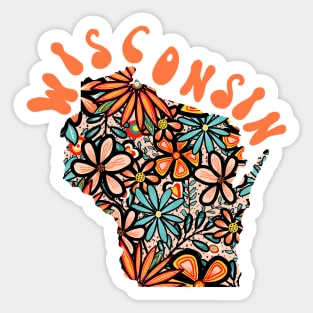 Wisconsin State Design | Artist Designed Illustration Featuring Wisconsin State Filled With Retro Flowers with Retro Hand-Lettering Sticker